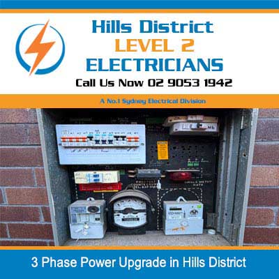 3 phase electrical panel with circuit breakers and metering equipment during power upgrade in Hills District